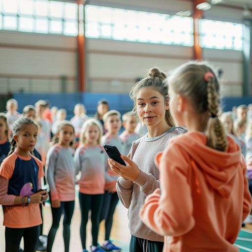 Ein Sporttrainer hält ein Handy hoch in einer Gruppe von fröhlichen Kindern